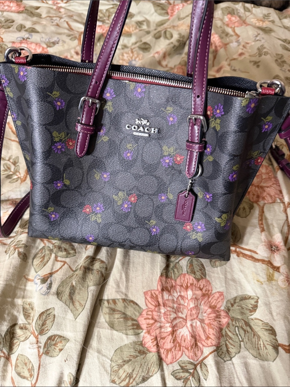 COACH Charcoal Signature Floral Tote with Plum Trim
